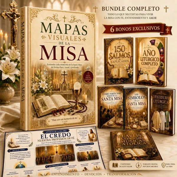Mockup del paquete completo: Mapas Visuales de la Misa + 6 bonos